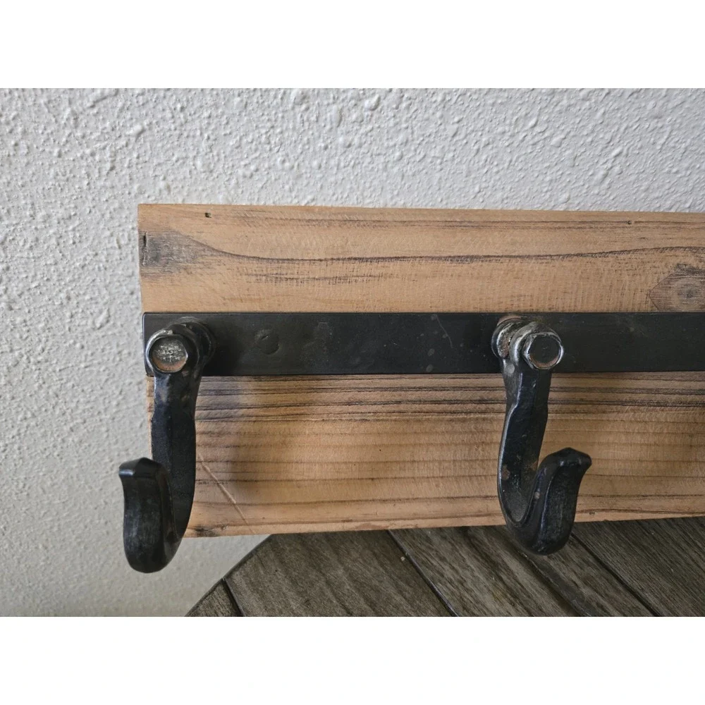Rustic Farmhouse Wood 5 Hanger Wall Hook with Industrial Black Metal Hardware